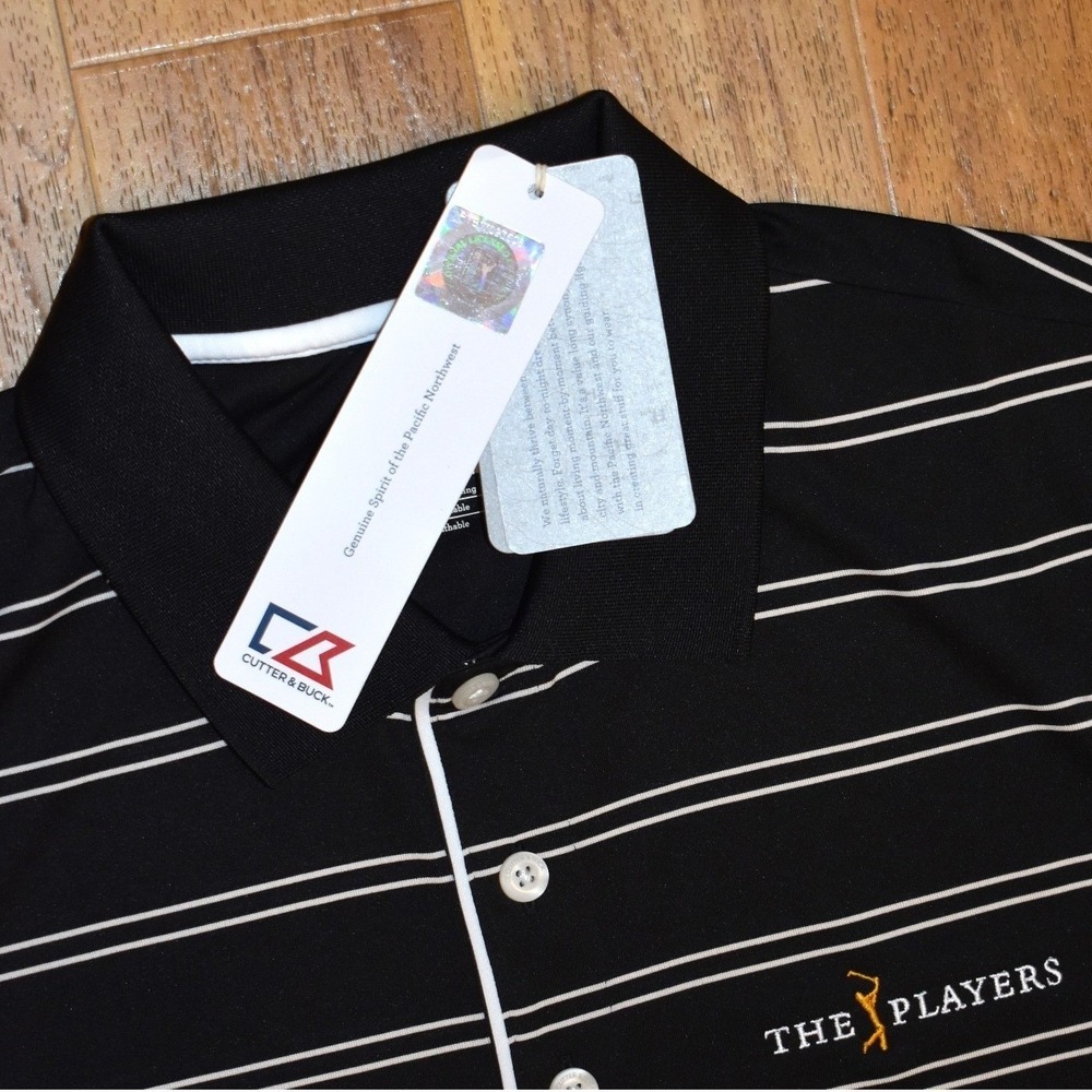 Cutter & Buck Polo‎ Shirt Mens L Black New Striped THE PLAYERS DryTec MCK00659